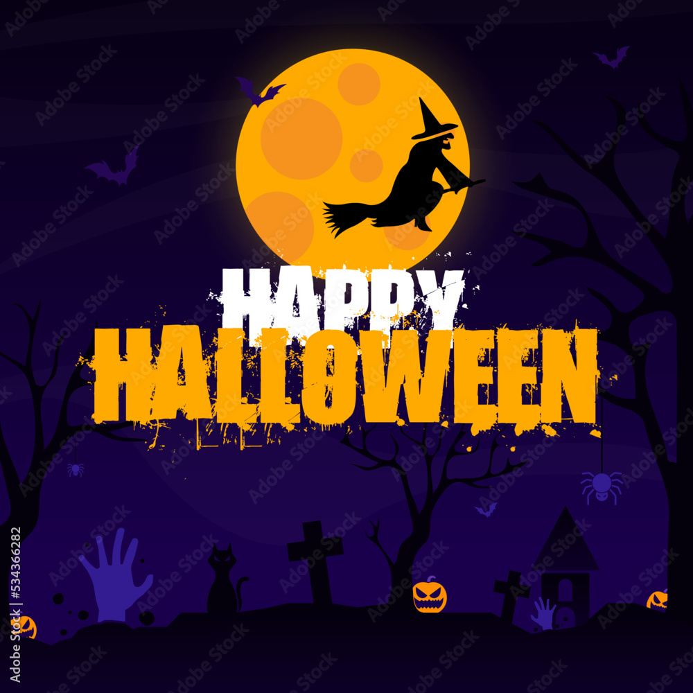 Happy halloween background with fly witch and cemetery scene