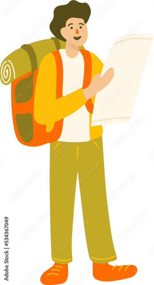Fun Man with Backpack and Map Hand Drawn Summer Camp Illustration Fun Man with Backpack and Map Hand Drawn Summer Camp Illustration