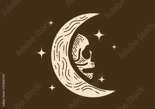 Line art drawing of a moon and skull