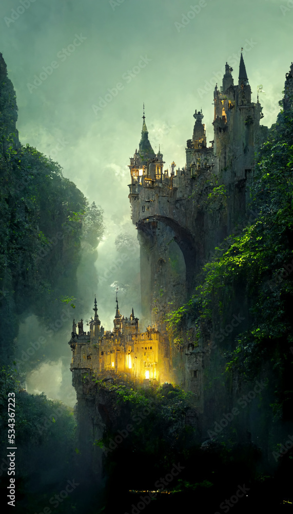 Beautiful castle illustration with lush greenery 