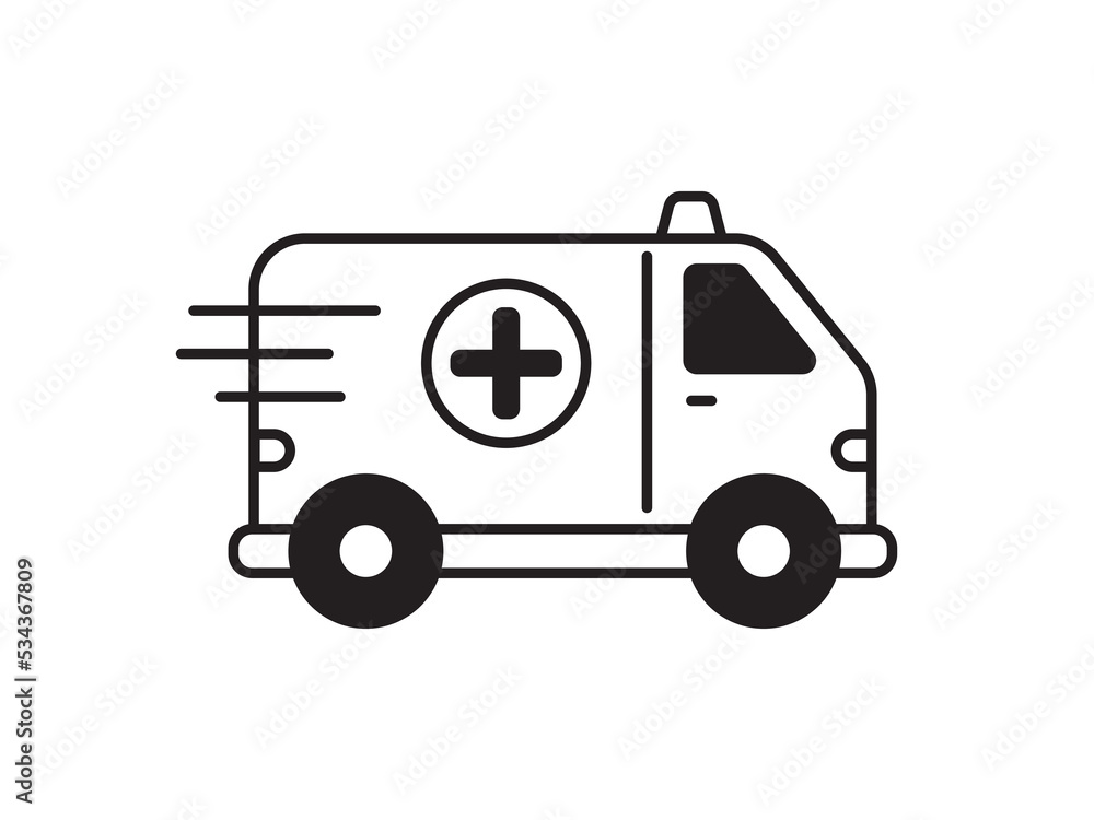 Ambulance icon with black and white design isolated on white background
