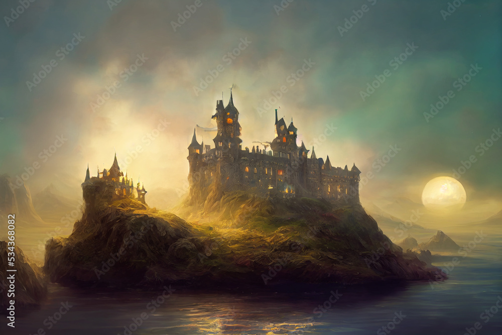 Beautiful castle sea illustration - obrazy, fototapety, plakaty 