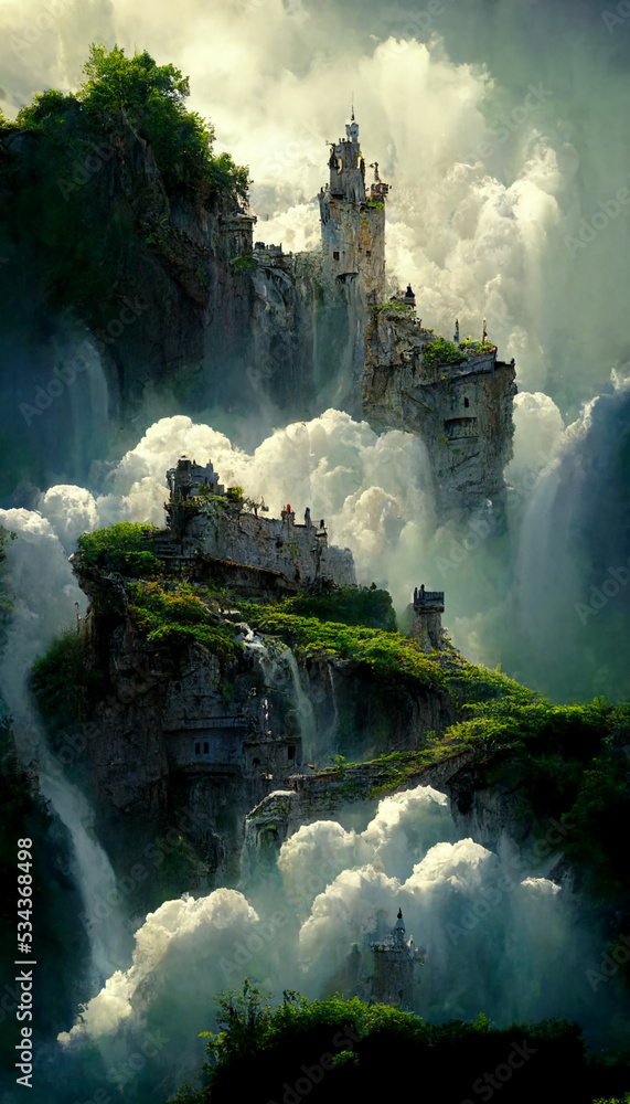 Fototapeta premium Beautiful castle waterfall illustration