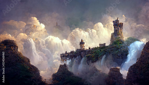 Beautiful castle waterfall illustration