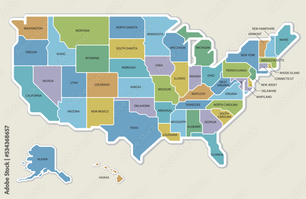 Fototapeta premium アメリカ合衆国の地図 50州色分け 州名入り