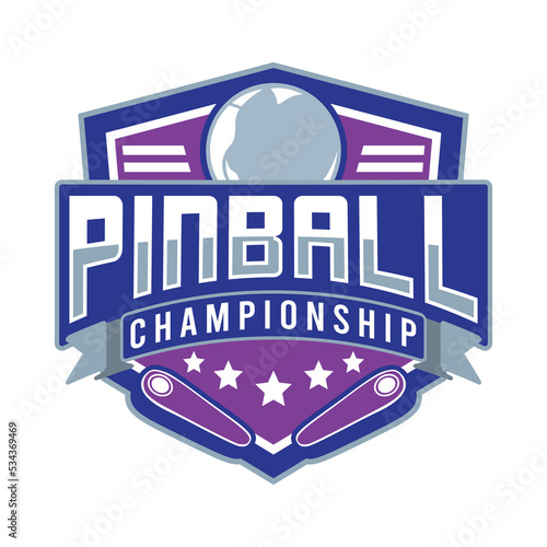 Pinball Game Arcade Vintage Retro Badge Emblem Hipster Logo Vector Icon Illustration. Pinball Championship with Star, Ball and Flipper photo