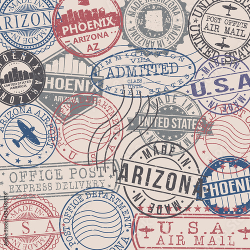 Phoenix  AZ  USA Set of Stamps. Travel Stamp. Made In Product. Design Seals Old Style Insignia.