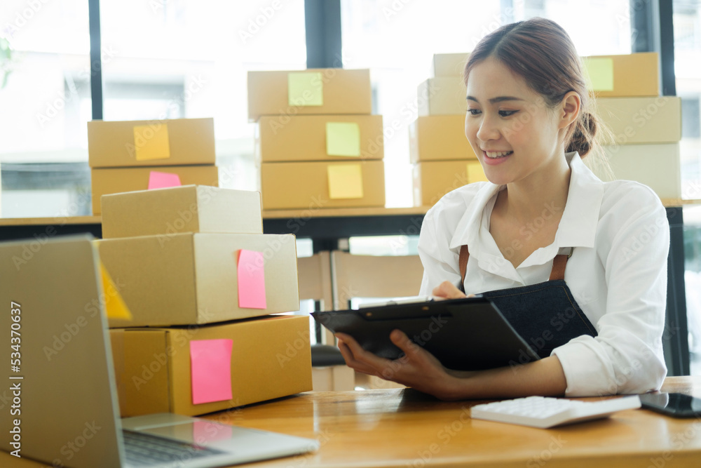 Female entrepreneur checking order preparing for delivery. Female entrepreneur checking order preparing for delivery.