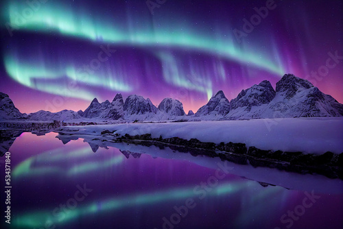 Northern lights and snow covered mountains in Lofoten islands