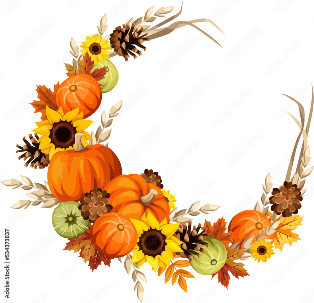 Autumn wreath with pumpkins, ears of wheat, sunflowers, and autumn maple leaves isolated on a white background. Vector circle frame. Greeting card design Autumn wreath with pumpkins, ears of wheat, sunflowers, and autumn maple leaves isolated on a white background. Vector circle frame. Greeting card design