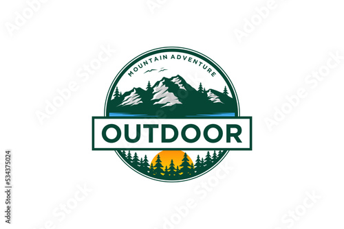 Mountain outdoor logo sunset scene illustration camp adventure emblem badge