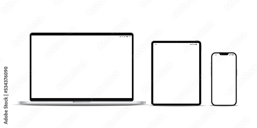 Set of virtual reality devices mockup of laptops, tablets, and smartphones with the white display screen. Vector illustration. Set of virtual reality devices mockup of laptops, tablets, and smartphones with the white display screen. Vector illustration.