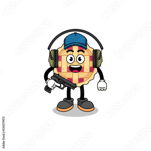 Character mascot of apple pie doing shooting range