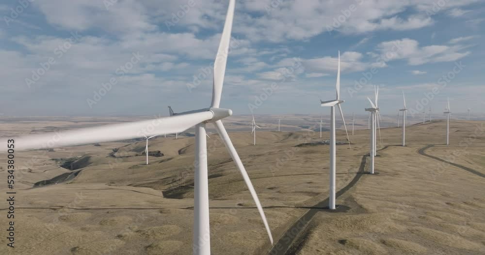 Drone aerial of wind turbines in southern Washington. Shot on Mavic 3 Cine. 30 fps. 4k resolution. Prores. Drone aerial of wind turbines in southern Washington. Shot on Mavic 3 Cine. 30 fps. 4k resolution. Prores.