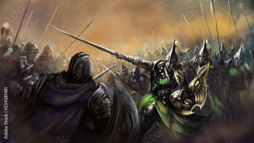 The commander-in-chief leads an army of elves into battle against people, in his hands is a sword and a twisted shield, he is wearing green armor. Digital drawing style, 2D illustration photo