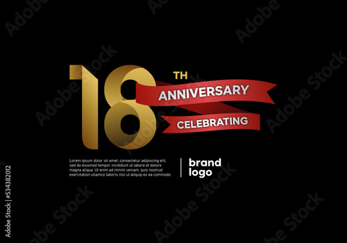 18 years anniversary logo with gold and red emblem on black background