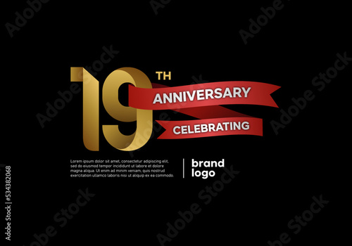 19 years anniversary logo with gold and red emblem on black background