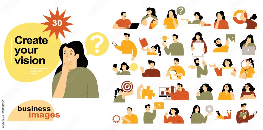 Business concept illustrations. Mega set. Collection of business people doing online business, management, project development, analytics, marketing research, social media. Flat vector illustration