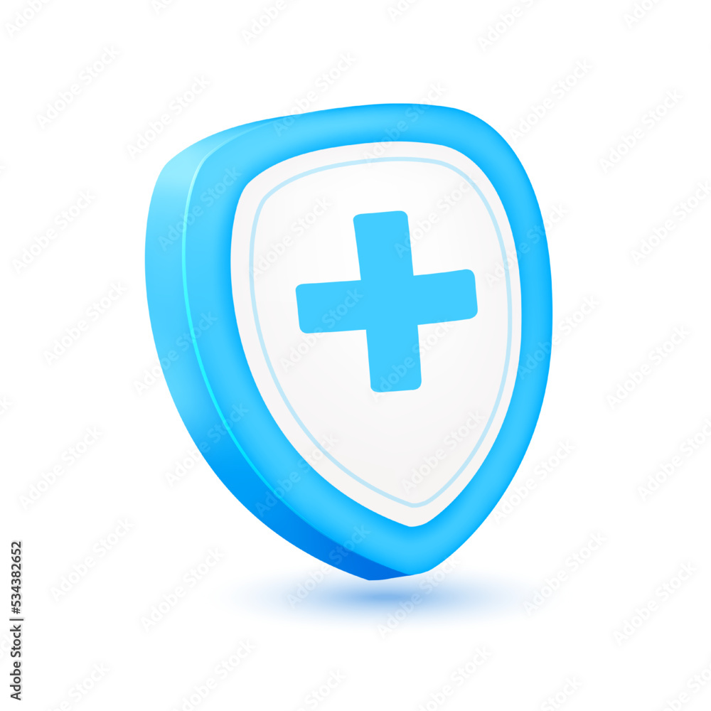 Obraz premium Medical mark shield blue. Isolated on white background. Icon 3d vector EPS10 illustration.
