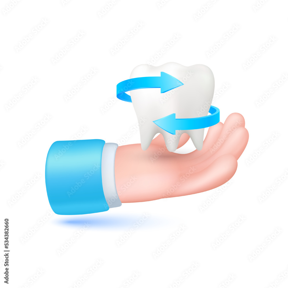 Two arrows blue circulating around tooth in hand doctor. Teeth cleanliness for children dental clinic design. Dental hygiene concept. Isolated on white background. Icon 3d vector EPS10 illustration. Two arrows blue circulating around tooth in hand doctor. Teeth cleanliness for children dental clinic design. Dental hygiene concept. Isolated on white background. Icon 3d vector EPS10 illustration.