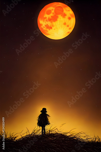 Creepy scarecrow under a full moon. 