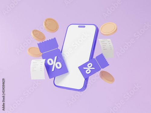 Mobile phone with discount coupons and bill coin floating on purple background, promotion sale percentage cashback, marketing profitable shopping online concept. Minimal cartoon. 3d render