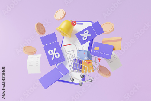 Promotion shopping via online mobile phone, discount coupons concept. floating on purple background money transfer. financial transactions. minimal cartoon, refund, cashback. 3d rendering illustration