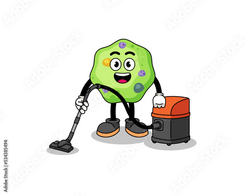 Character mascot of amoeba holding vacuum cleaner