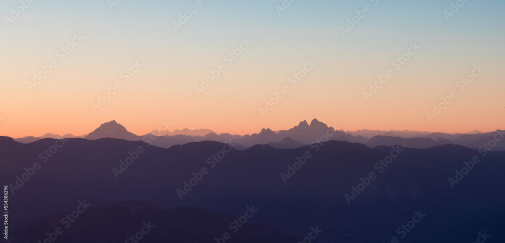 Canadian Landscape during sunny sunset. Taken from Elk Mountain, Chilliwack, East of Vancouver, British Columbia, Canada. Nature Background.
