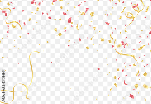 Falling shiny golden confetti isolated on transparent background.VIP flying sparkle elements, gold foil texture serpentine streamers confetti falling new year vector.