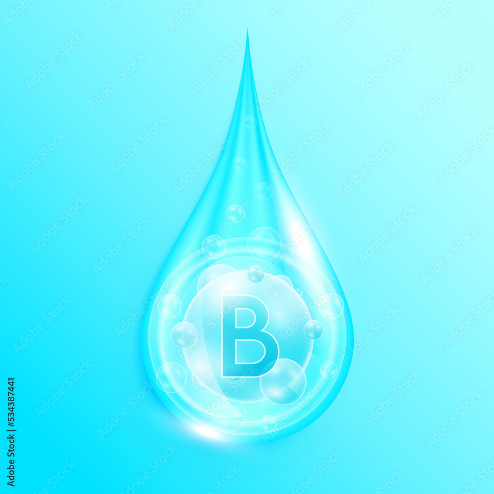Serum drop water vitamin B blue. Vitamins complex mineral liquid with collagen oxygen bubbles. Skin care cosmetics solution design. Beauty medical concepts. 3D Realistic Vector EPS10.