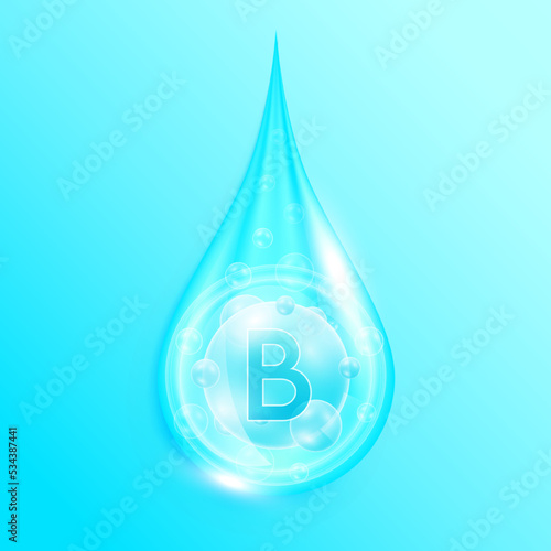 Serum drop water vitamin B blue. Vitamins complex mineral liquid with collagen oxygen bubbles. Skin care cosmetics solution design. Beauty medical concepts. 3D Realistic Vector EPS10.