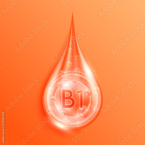 Serum drop water vitamin B1 orange. Vitamins complex mineral liquid with collagen oxygen bubbles. Skin care cosmetics solution design. Beauty medical concepts. 3D Realistic Vector EPS10.