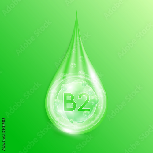 Serum drop water vitamin B2 green. Vitamins complex mineral liquid with collagen oxygen bubbles. Skin care cosmetics solution design. Beauty medical concepts. 3D Realistic Vector EPS10.