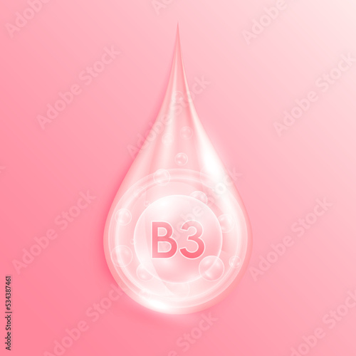 Serum drop water vitamin B3 pink. Vitamins complex mineral liquid with collagen oxygen bubbles. Skin care cosmetics solution design. Beauty medical concepts. 3D Realistic Vector EPS10.