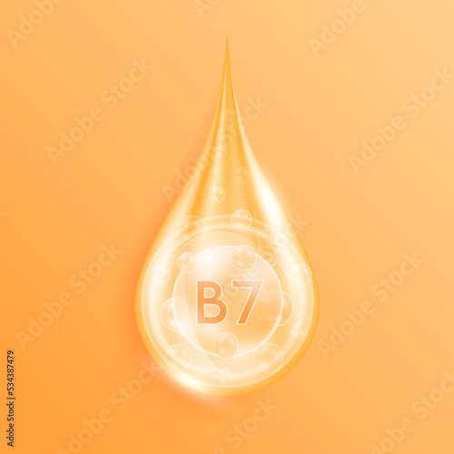Serum drop water vitamin B7 orange. Vitamins complex mineral liquid with collagen oxygen bubbles. Skin care cosmetics solution design. Beauty medical concepts. 3D Realistic Vector EPS10.
