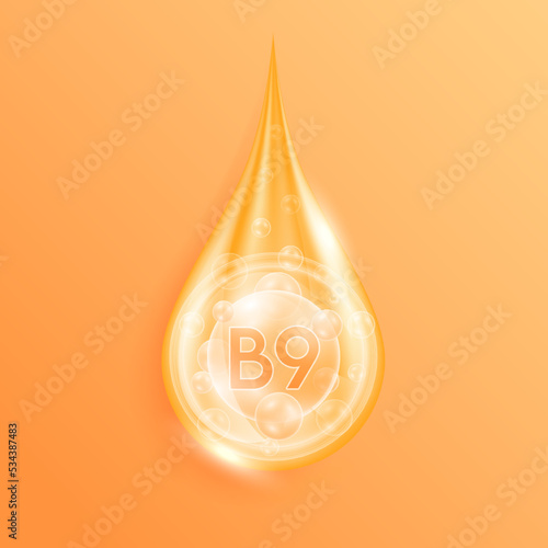 Serum drop water vitamin B9 orange. Vitamins complex mineral liquid with collagen oxygen bubbles. Skin care cosmetics solution design. Beauty medical concepts. 3D Realistic Vector EPS10.