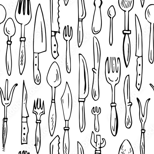 Forks and spoons. Seamless pattern. Set of cutlery and kitchen utensils for food and preparation. Outline hand drawn sketch. Drawing with ink. Isolated on white background. Vector.