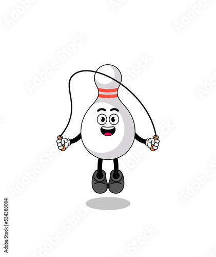 bowling pin mascot cartoon is playing skipping rope