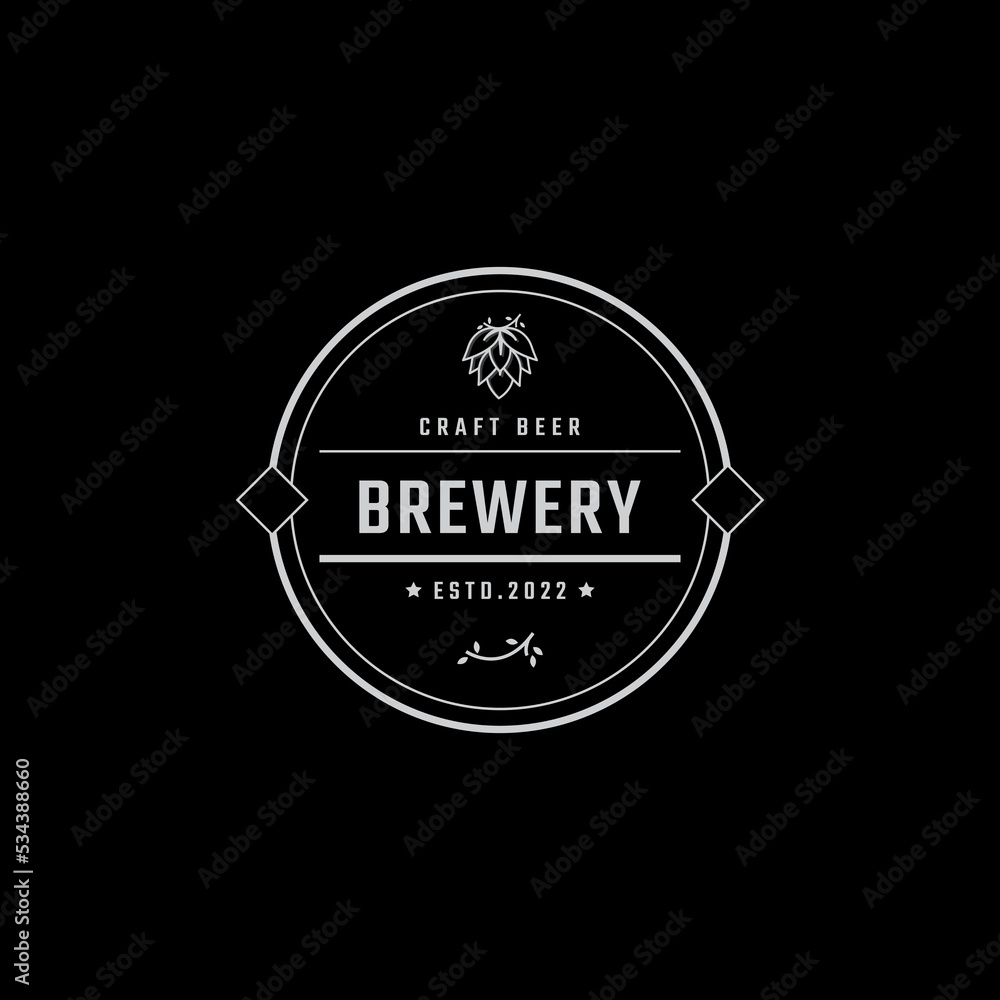 Obraz premium Vintage Retro Badge Emblem Beer Brewery with hop Logo for Beer House, Bar, Pub, Brewing company, Tavern, Wine Whiskey Market Symbol