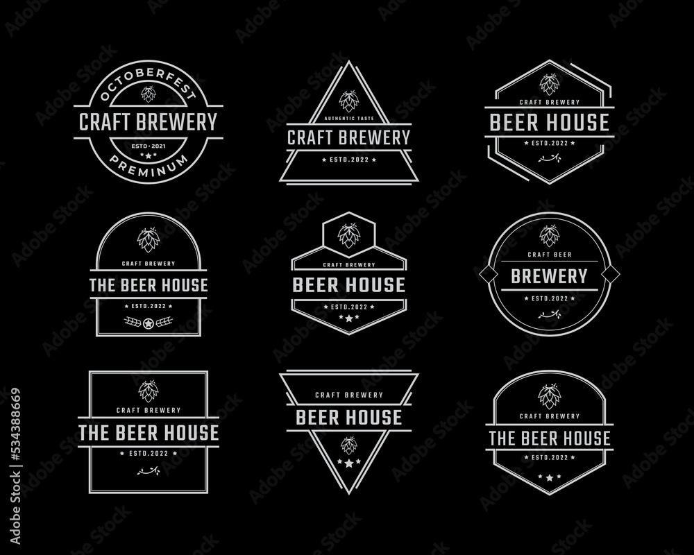 Obraz premium Vintage Retro Badge Emblem Beer Brewery with hop Logo for Beer House, Bar, Pub, Brewing company, Tavern, Wine Whiskey Market Symbol