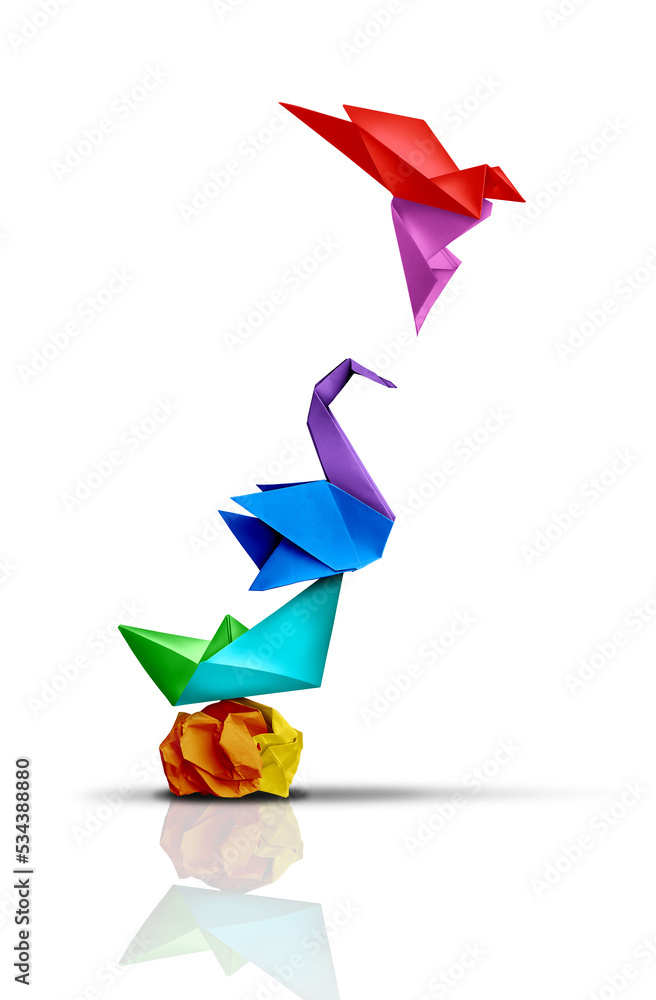 Reaching higher and success transformation or Transform and rise to succeed or improving concept and leadership in business through innovation or evolution with paper origami changed for the better.  - obrazy, fototapety, plakaty 