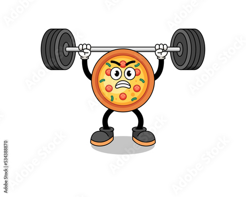 pizza mascot cartoon lifting a barbell