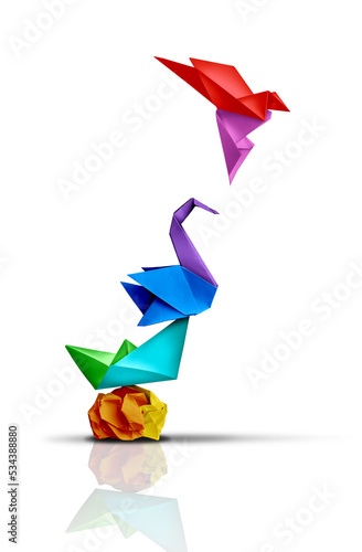 Fotografia Reaching higher and success transformation or Transform and rise to succeed or improving concept and leadership in business through innovation or evolution with paper origami changed for the better
