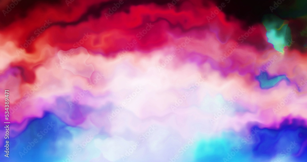Image of abstract, liquid clouds of strong reds, pinks and blues