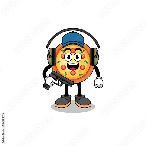 Character mascot of pizza doing shooting range