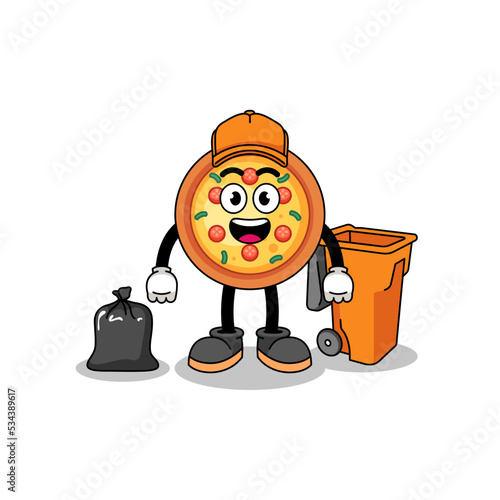 Illustration of pizza cartoon as a garbage collector