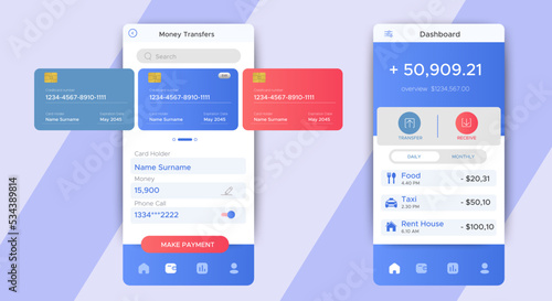 Finance Mobile Banking App. UI, UX, GUI set with wallet, shopping, my Account, fund Transfer, bill payment, products details. Mobile banking interface vector template. Online payment. E-payment screen