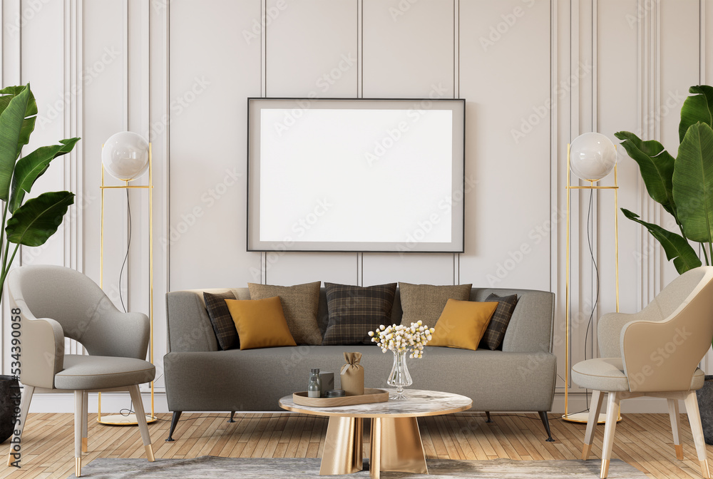 3D illustration Mockup blank photo frame in living room rendering