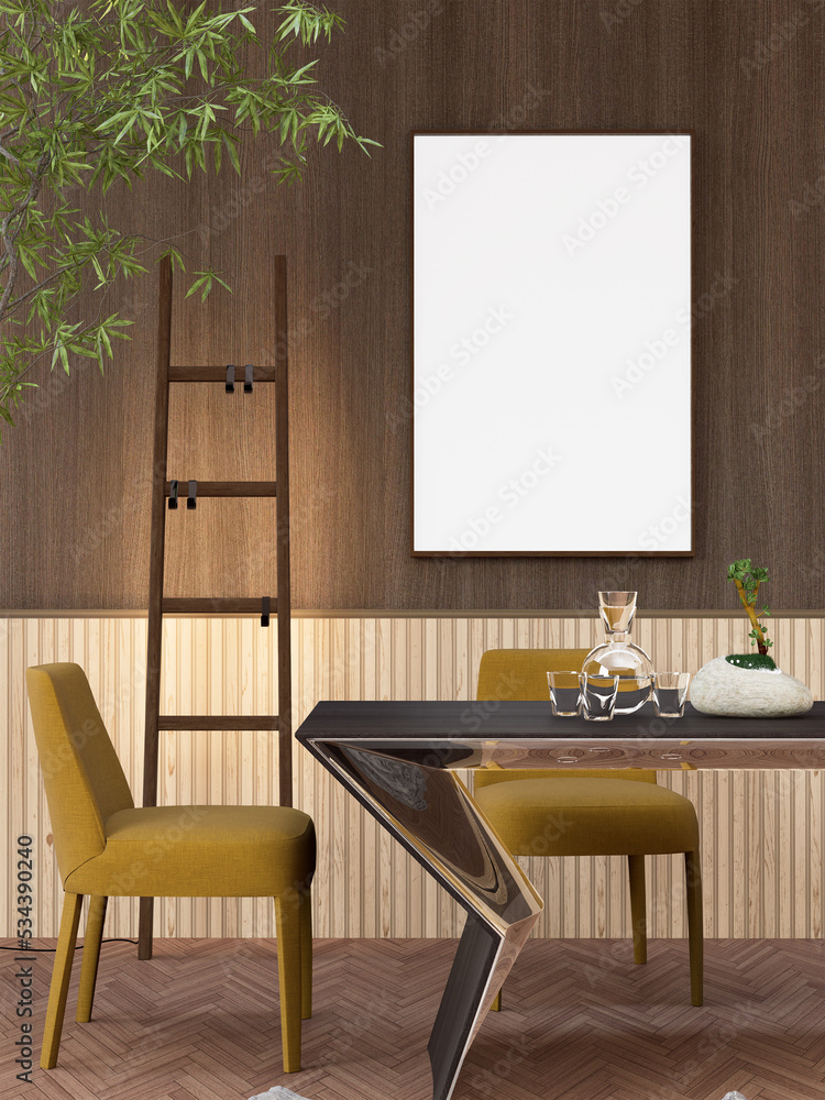 3D illustration Mockup blank photo frame in dining room rendering 3D illustration Mockup blank photo frame in dining room rendering